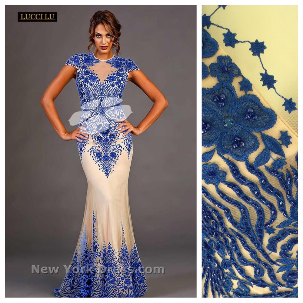 Royal Blue Illusion gown flower appliqué lace nude